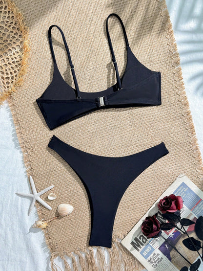 Women's Separated Bandeau Bikini 2 Pieces Set, Sexy Solid Color Triangle Briefs With Back Hook Adjustable Straps, Summer Swimwear Vacation Beach Red
