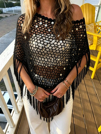 Women's Sequin Top Shawl Cover-Up With Fringe Hem, Boho Knitted Sequin Cover-Up, Spring/Summer Knit Top Vacation Beach Black