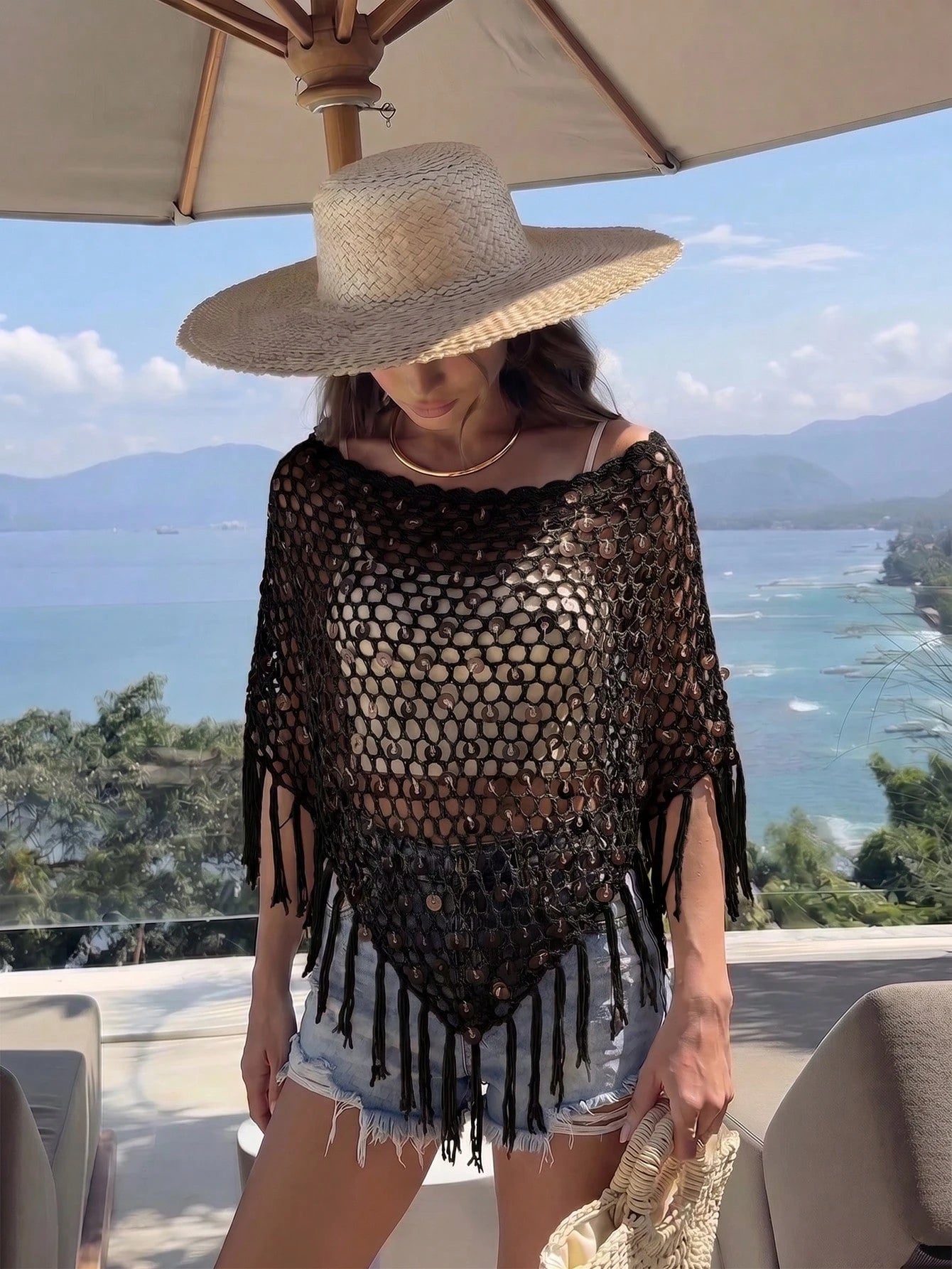 Women's Sequin Top Shawl Cover-Up With Fringe Hem, Boho Knitted Sequin Cover-Up, Spring/Summer Knit Top Vacation Beach Black