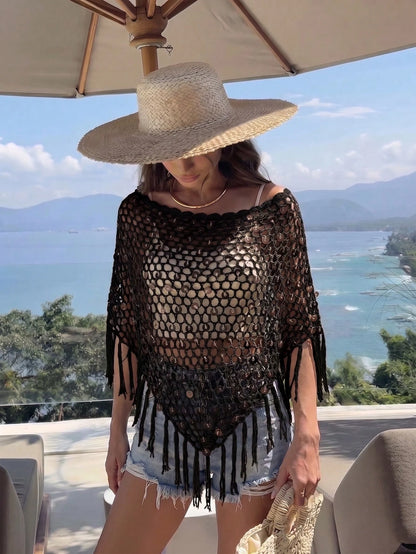 Women's Sequin Top Shawl Cover-Up With Fringe Hem, Boho Knitted Sequin Cover-Up, Spring/Summer Knit Top Vacation Beach Black