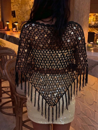 Women's Sequin Top Shawl Cover-Up With Fringe Hem, Boho Knitted Sequin Cover-Up, Spring/Summer Knit Top Vacation Beach Black
