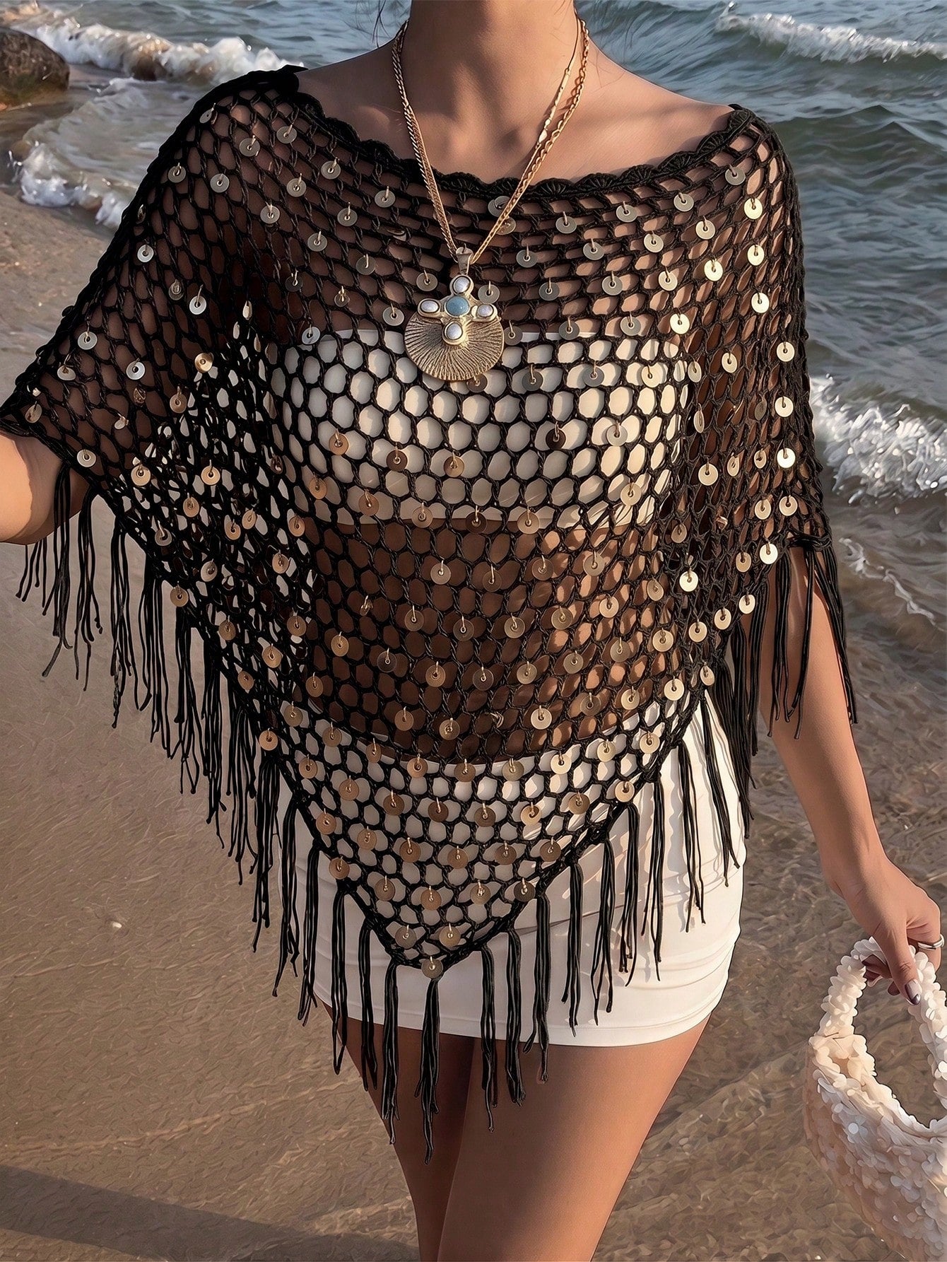 Women's Sequin Top Shawl Cover-Up With Fringe Hem, Boho Knitted Sequin Cover-Up, Spring/Summer Knit Top Vacation Beach Black