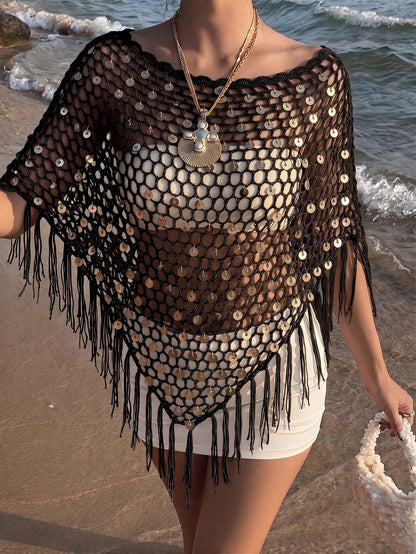 Women's Sequin Top Shawl Cover-Up With Fringe Hem, Boho Knitted Sequin Cover-Up, Spring/Summer Knit Top Vacation Beach Black