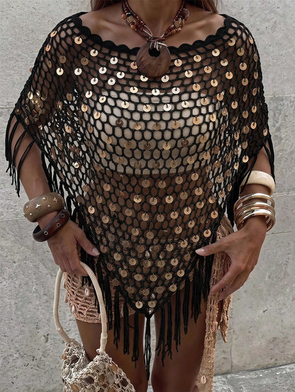 Women's Sequin Top Shawl Cover-Up With Fringe Hem, Boho Knitted Sequin Cover-Up, Spring/Summer Knit Top Vacation Beach Black