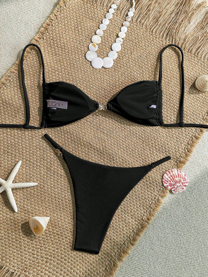 Women's Sexy Bikini 2 Pieces Set, With Glossy Accessories And Special Fabric Vacation Casual Beach Black Summer