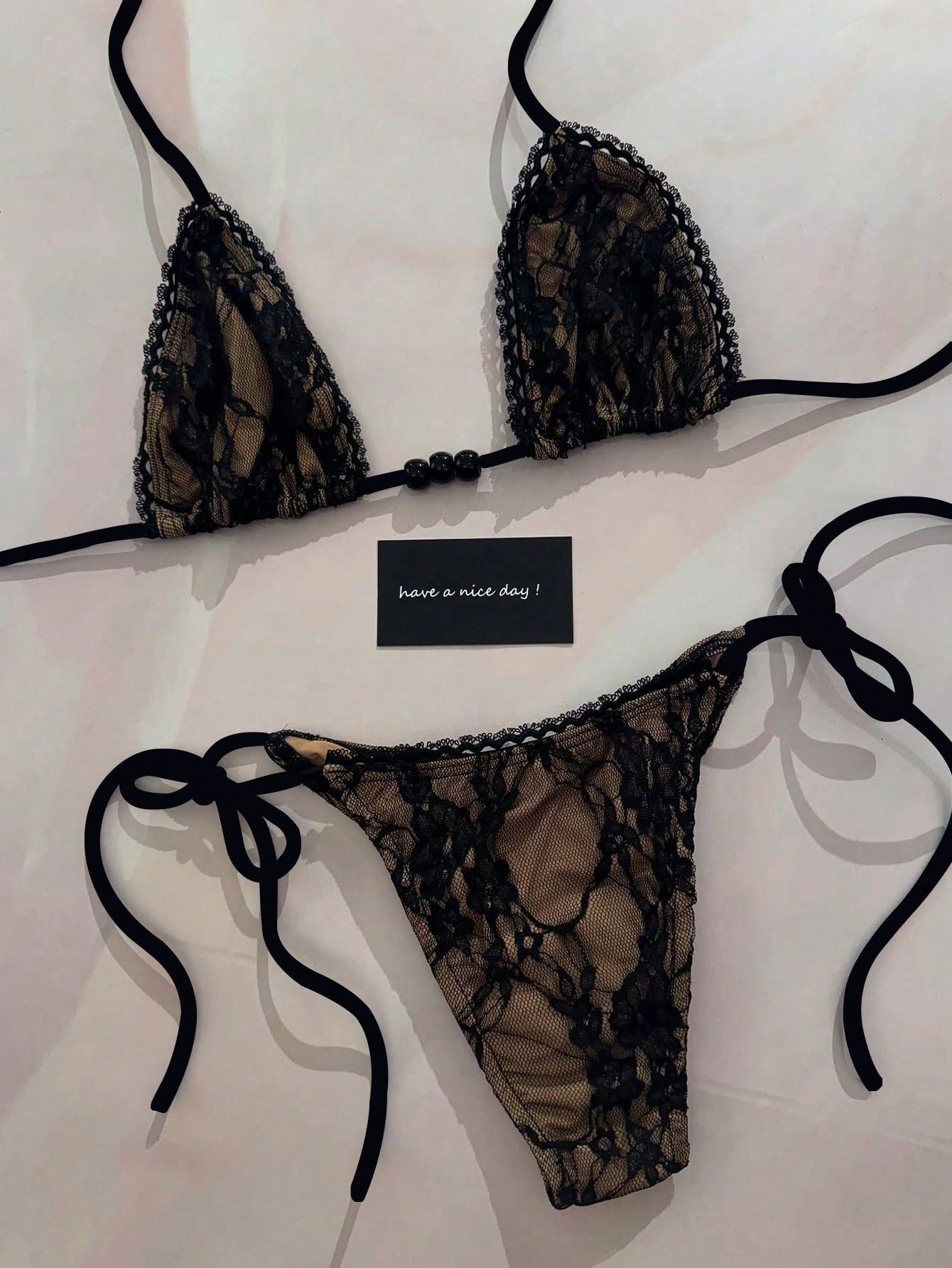 Women's Sexy Black Lace Beaded Halter Necklace, Casual Beach Vacation Bikini Swimwear, Suitable For Party & Gathering, Spring/Summer, Resort Wear