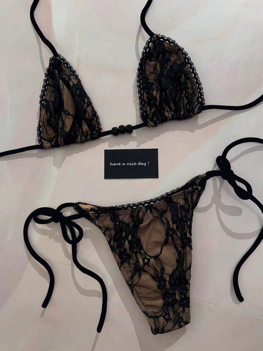 Women's Sexy Black Lace Beaded Halter Necklace, Casual Beach Vacation Bikini Swimwear, Suitable For Party & Gathering, Spring/Summer, Resort Wear