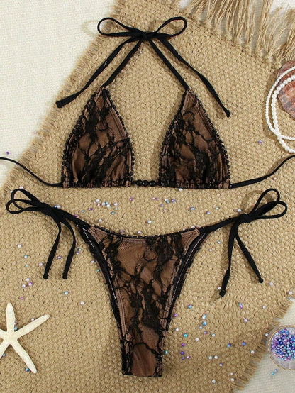 Women's Sexy Black Lace Beaded Halter Necklace, Casual Beach Vacation Bikini Swimwear, Suitable For Party & Gathering, Spring/Summer, Resort Wear