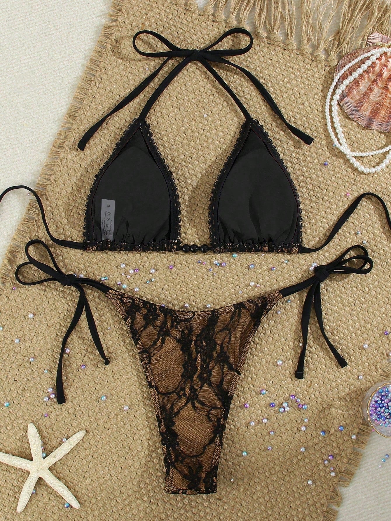 Women's Sexy Black Lace Beaded Halter Necklace, Casual Beach Vacation Bikini Swimwear, Suitable For Party & Gathering, Spring/Summer, Resort Wear