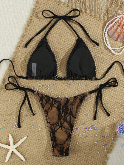 Women's Sexy Black Lace Beaded Halter Necklace, Casual Beach Vacation Bikini Swimwear, Suitable For Party & Gathering, Spring/Summer, Resort Wear