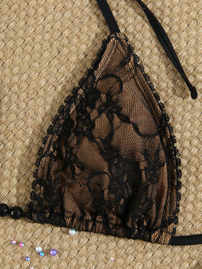 Women's Sexy Black Lace Beaded Halter Necklace, Casual Beach Vacation Bikini Swimwear, Suitable For Party & Gathering, Spring/Summer, Resort Wear