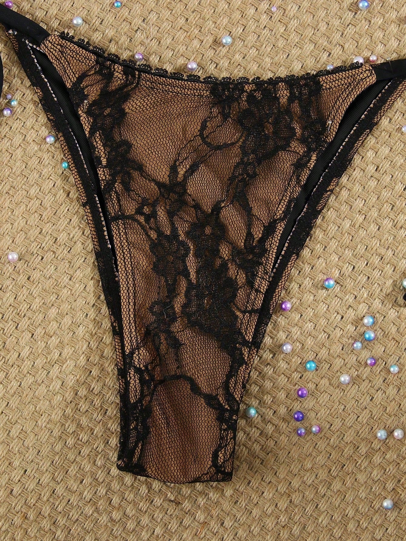Women's Sexy Black Lace Beaded Halter Necklace, Casual Beach Vacation Bikini Swimwear, Suitable For Party & Gathering, Spring/Summer, Resort Wear