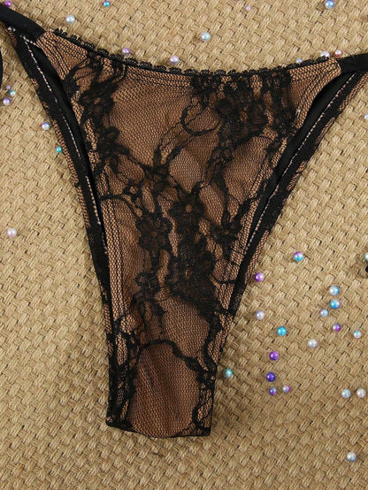 Women's Sexy Black Lace Beaded Halter Necklace, Casual Beach Vacation Bikini Swimwear, Suitable For Party & Gathering, Spring/Summer, Resort Wear