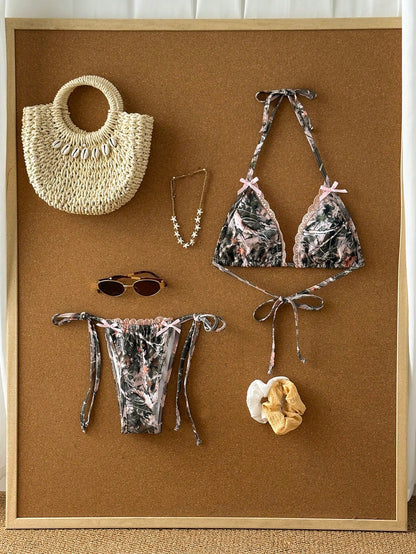Women's Sexy Camouflage Bikini Set, With Pink Lace Trim And Tie Design, High Elasticity Swimwear Suitable For Beach Vacation Summer