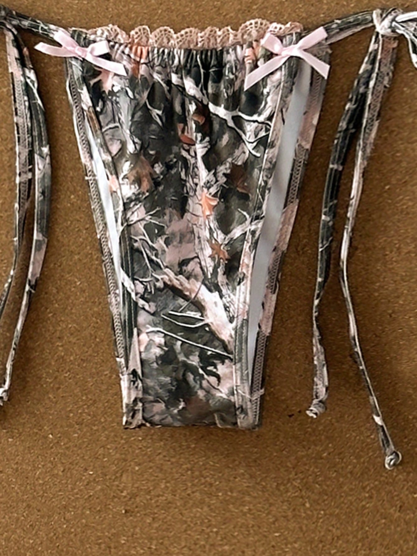 Women's Sexy Camouflage Bikini Set, With Pink Lace Trim And Tie Design, High Elasticity Swimwear Suitable For Beach Vacation Summer