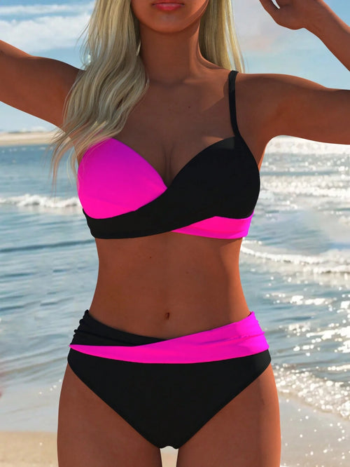 Women's Sexy Casual Black & White Color Block Spaghetti Strap Bikini Set, Beach Summer Vacation New Style Holiday Travel Outfit, High Cut, Aesthetic