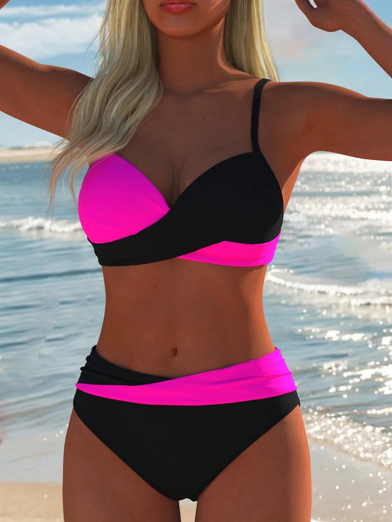 Women's Sexy Casual Black & White Color Block Spaghetti Strap Bikini Set, Beach Summer Vacation New Style Holiday Travel Outfit, High Cut, Aesthetic