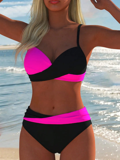 Women's Sexy Casual Black & White Color Block Spaghetti Strap Bikini Set, Beach Summer Vacation New Style Holiday Travel Outfit, High Cut, Aesthetic