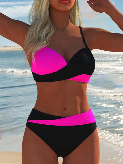 Women's Sexy Casual Black & White Color Block Spaghetti Strap Bikini Set, Beach Summer Vacation New Style Holiday Travel Outfit, High Cut, Aesthetic