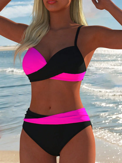 Women's Sexy Casual Black & White Color Block Spaghetti Strap Bikini Set, Beach Summer Vacation New Style Holiday Travel Outfit, High Cut, Aesthetic
