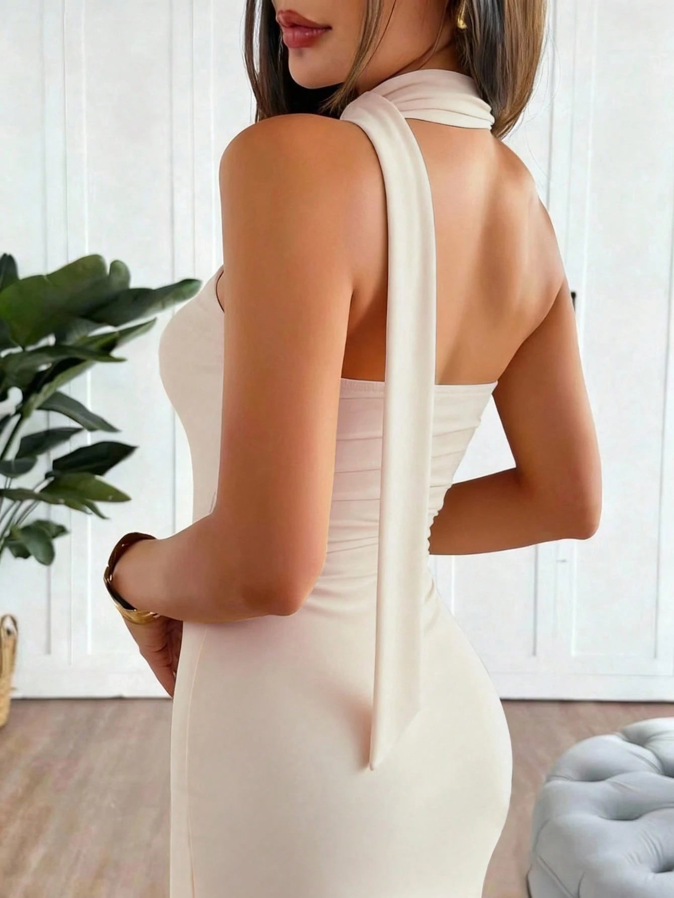 Women's Sexy Casual Elegant Asymmetric Cold Shoulder Bandeau Mini Dress, Apricot Color, Suitable For Graduation, Back To School, Daily Wear, Party, Vacation