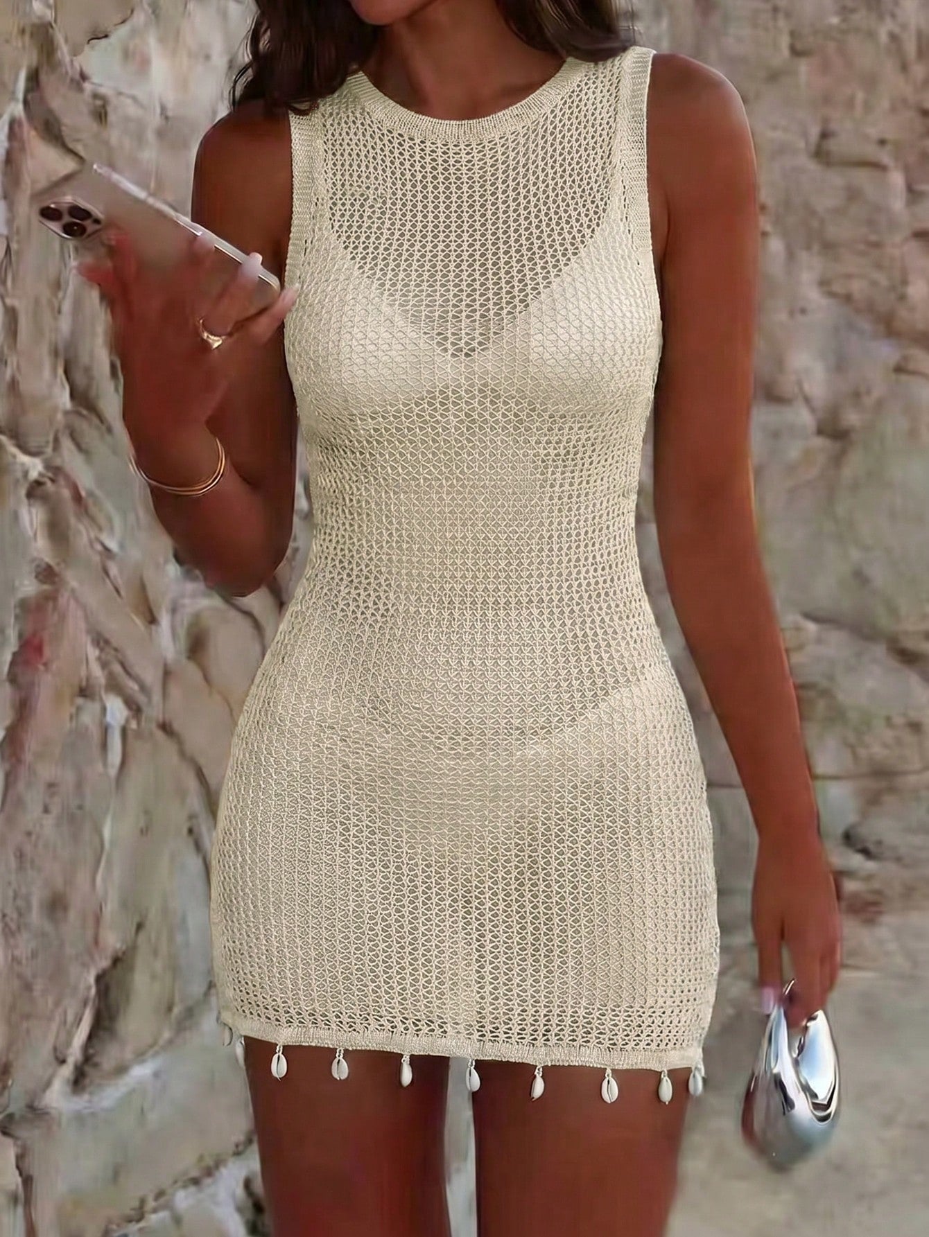 Women's Sexy & Elegant Lace Design Pink Dress, Casual Knit Beach Dress/Swimsuit Cover-Up, Perfect For Vacation & Outdoor Wear Summer, Resort Wear
