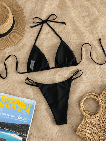 Women's Sexy Fashion Minimalist Premium Elegant Sexy Young 2-Piece Set Casual Romantic Vacation Beach Travel Party Full Body Double-Sided Striped Print Halter Neck Tie Swimwear Set Spring/Summer New