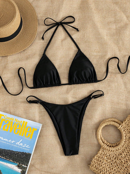 Women's Sexy Fashion Minimalist Premium Elegant Sexy Young 2-Piece Set Casual Romantic Vacation Beach Travel Party Full Body Double-Sided Striped Print Halter Neck Tie Swimwear Set Spring/Summer New