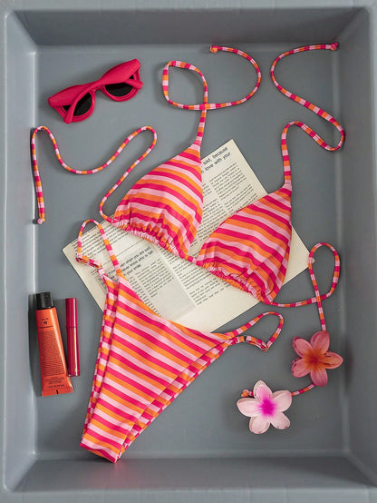 Women's Sexy Fashion Minimalist Premium Elegant Sexy Young 2-Piece Set Casual Romantic Vacation Beach Travel Party Full Body Double-Sided Striped Print Halter Neck Tie Swimwear Set Spring/Summer New