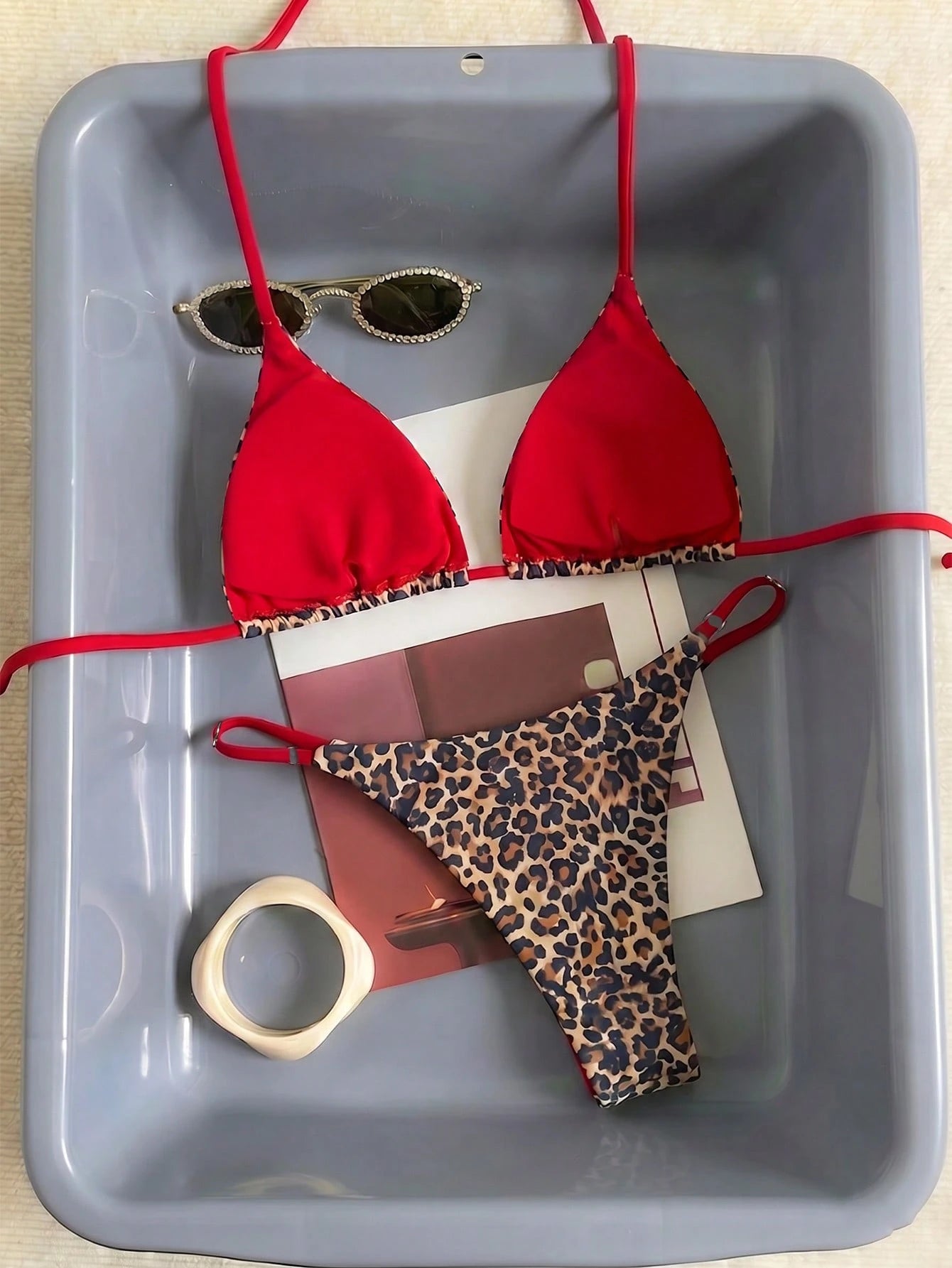 Women's Sexy Fashionable Colorful Striped Two Pieces Swimwear, Backless Tie-Up Bikini Set, Beach Resort Cruise Wear For Summer Red Vacation