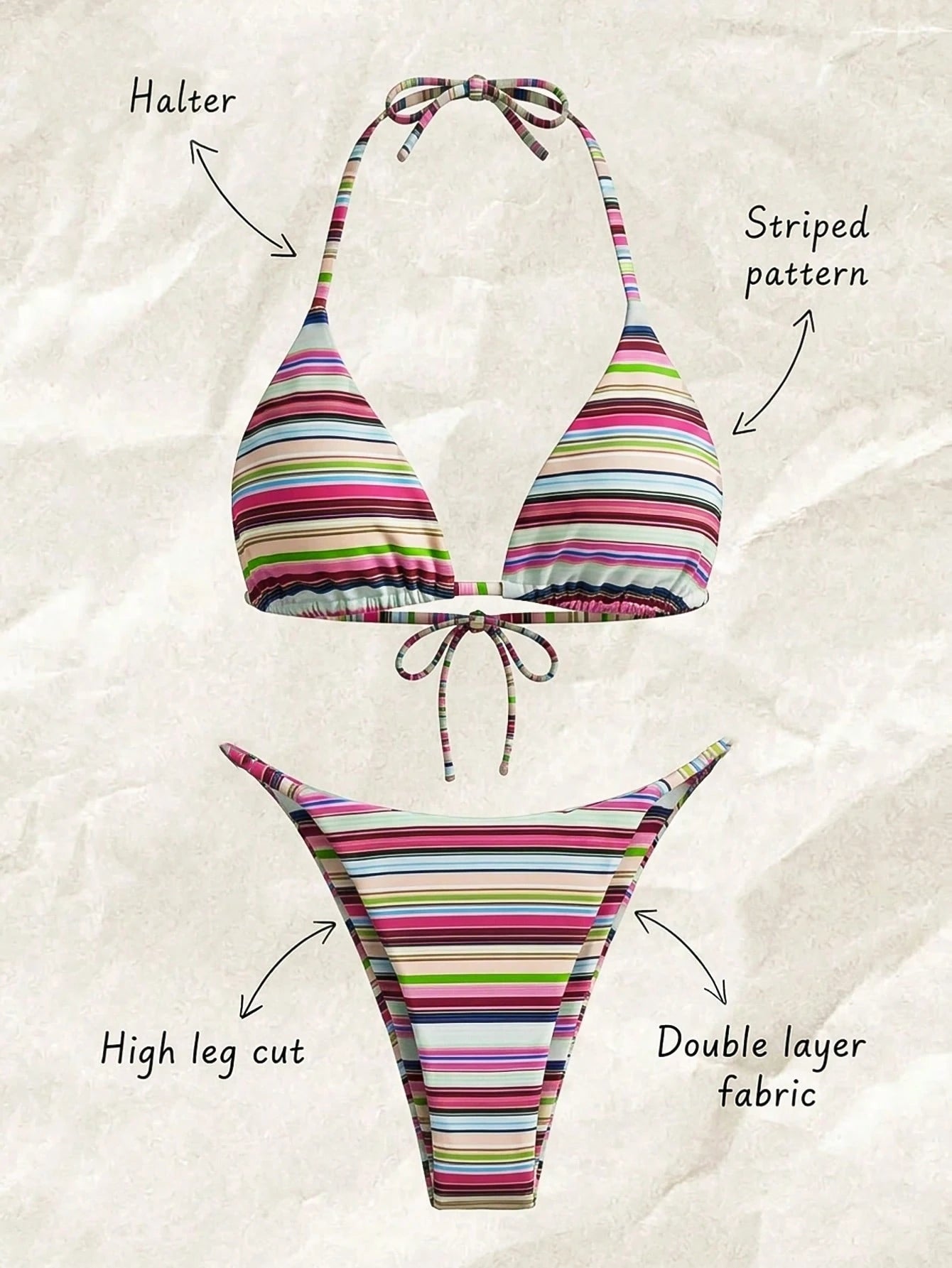 Women's Sexy Fashionable Colorful Striped Two Pieces Swimwear, Backless Tie-Up Bikini Set, Beach Resort Cruise Wear For Summer Red Vacation