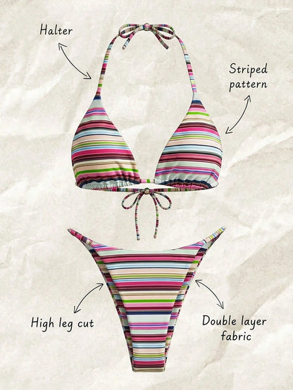 Women's Sexy Fashionable Colorful Striped Two Pieces Swimwear, Backless Tie-Up Bikini Set, Beach Resort Cruise Wear For Summer Red Vacation