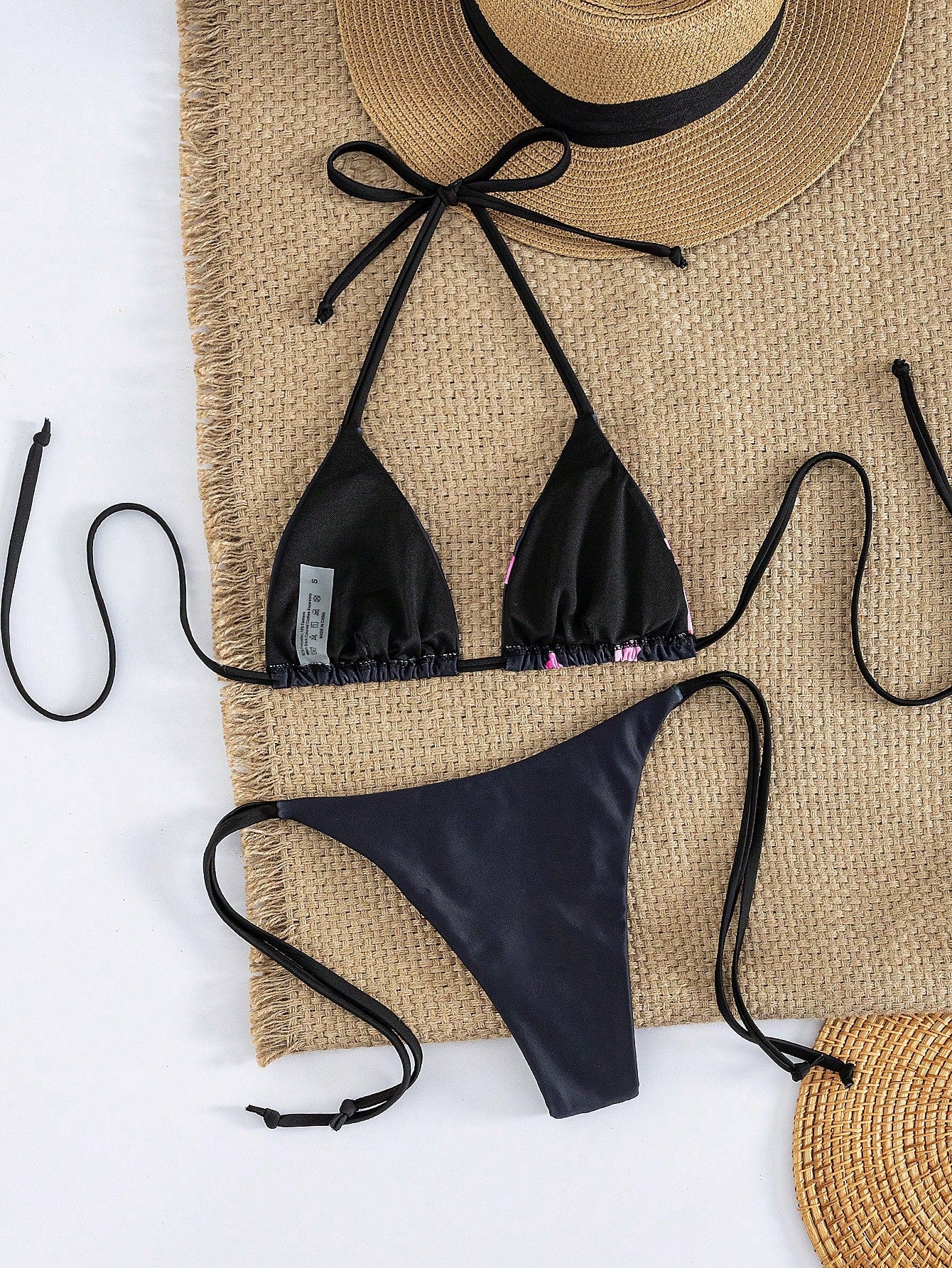 Women's Sexy Floral Halter Backless High Stretch Bikini Set, Perfect For A Stylish Beach Day Or Poolside Glamour Vacation Black, Resort Wear Summer