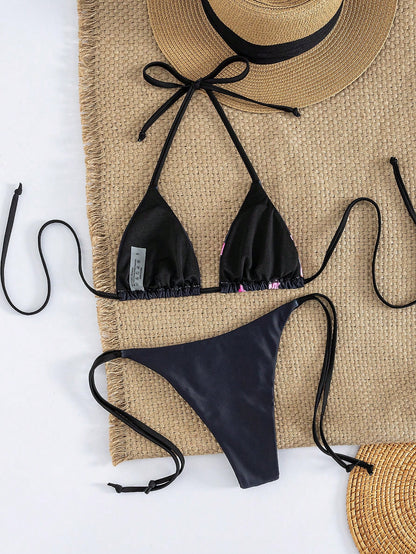 Women's Sexy Floral Halter Backless High Stretch Bikini Set, Perfect For A Stylish Beach Day Or Poolside Glamour Vacation Black, Resort Wear Summer