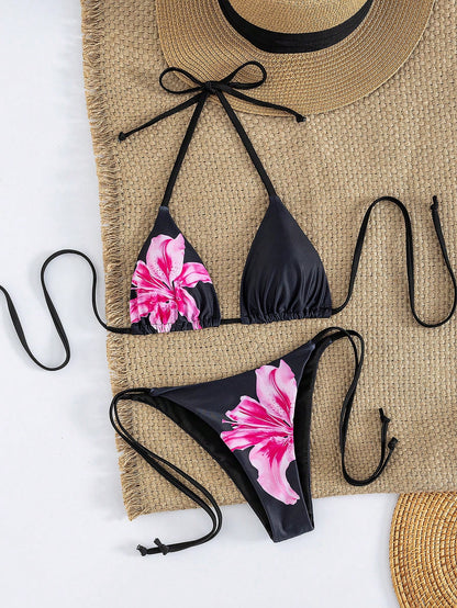 Women's Sexy Floral Halter Backless High Stretch Bikini Set, Perfect For A Stylish Beach Day Or Poolside Glamour Vacation Black, Resort Wear Summer