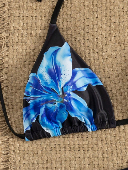 Women's Sexy Floral Halter Backless High Stretch Bikini Set, Perfect For A Stylish Beach Day Or Poolside Glamour Vacation Summer, Vacationcore
