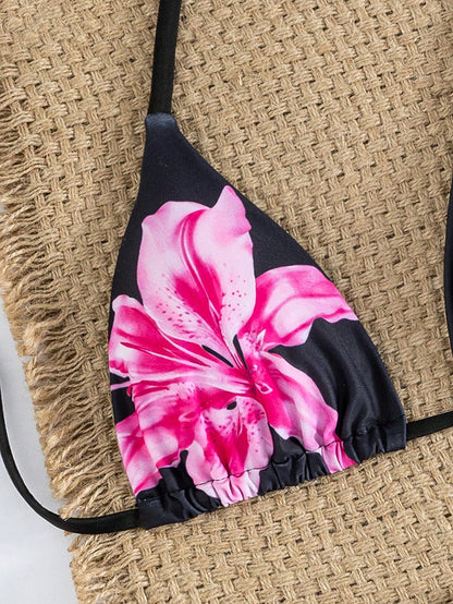 Women's Sexy Floral Halter Backless High Stretch Bikini Set, Perfect For A Stylish Beach Day Or Poolside Glamour Vacation Black, Resort Wear Summer