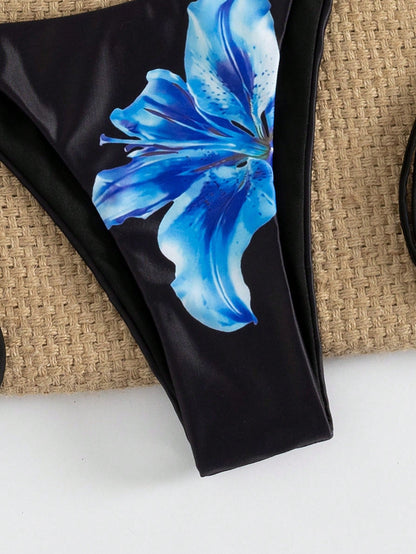 Women's Sexy Floral Halter Backless High Stretch Bikini Set, Perfect For A Stylish Beach Day Or Poolside Glamour Vacation Summer, Vacationcore