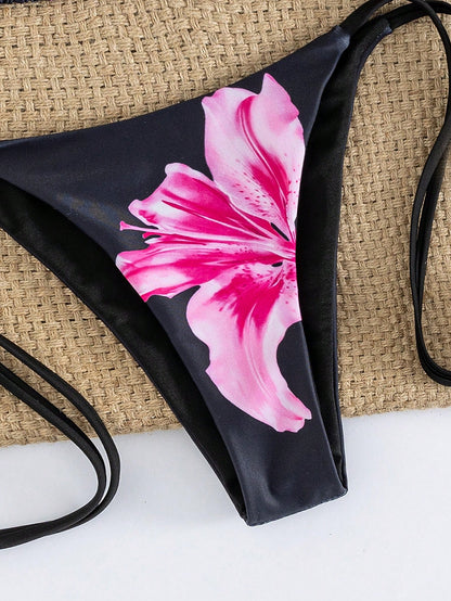 Women's Sexy Floral Halter Backless High Stretch Bikini Set, Perfect For A Stylish Beach Day Or Poolside Glamour Vacation Black, Resort Wear Summer