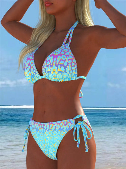 Women's Sexy Halter Bikini Set, Side Tie Leopard Print Swimwear, Suitable For Casual Beachwear And Summer Vacation, New Holiday Summer Vacation Style, Aesthetic