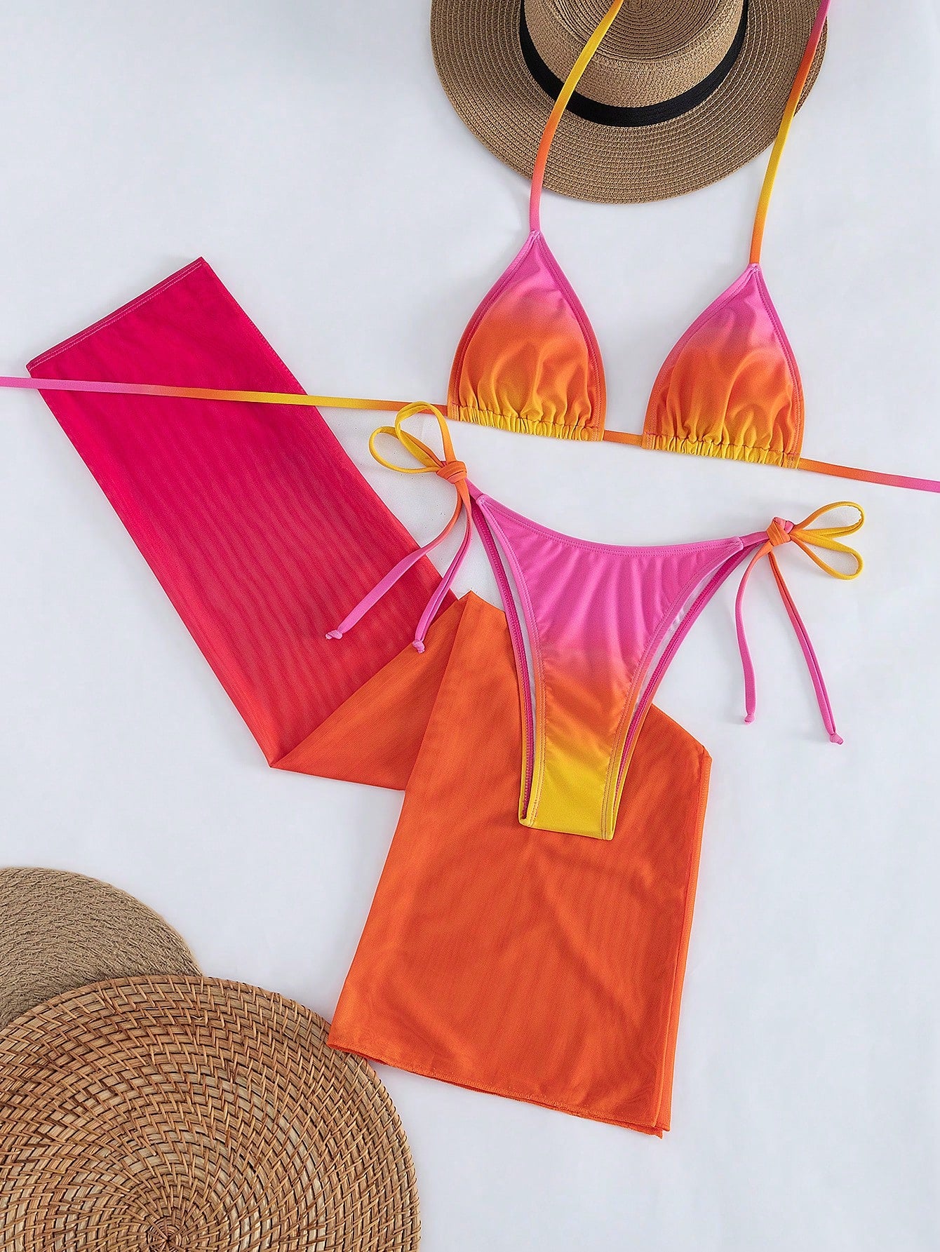 Women's Sexy Halter Lace-Up Ombre Bikini Set With Sheer Mesh Skirt, High Stretch 3-Piece Swimwear For A Gorgeous Mermaid Look Vacation Pink, Beach