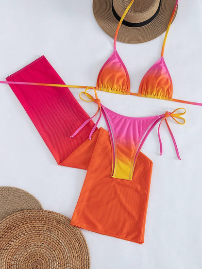 Women's Sexy Halter Lace-Up Ombre Bikini Set With Sheer Mesh Skirt, High Stretch 3-Piece Swimwear For A Gorgeous Mermaid Look Vacation Pink, Beach