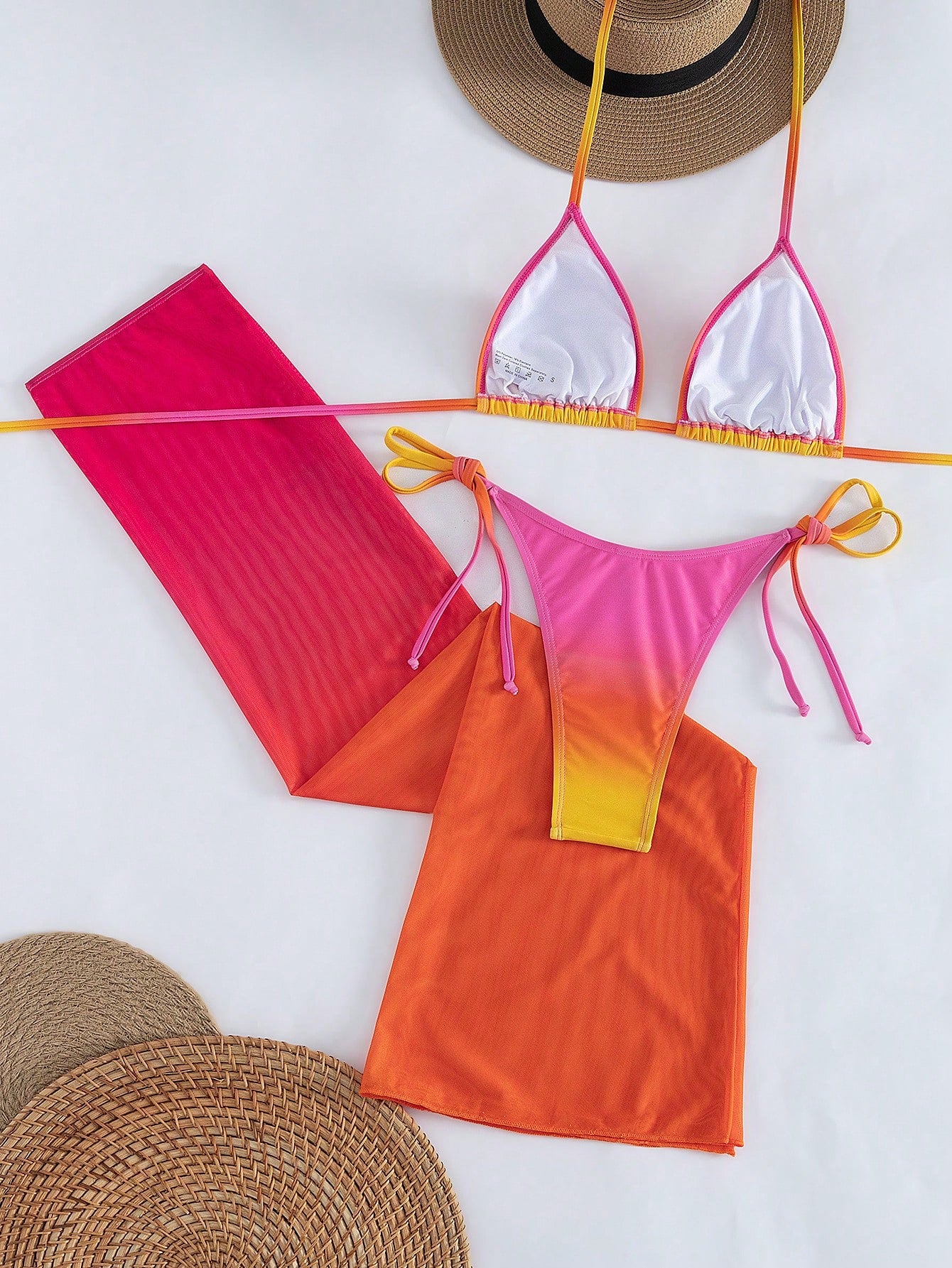 Women's Sexy Halter Lace-Up Ombre Bikini Set With Sheer Mesh Skirt, High Stretch 3-Piece Swimwear For A Gorgeous Mermaid Look Vacation Pink, Beach