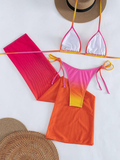 Women's Sexy Halter Lace-Up Ombre Bikini Set With Sheer Mesh Skirt, High Stretch 3-Piece Swimwear For A Gorgeous Mermaid Look Vacation Pink, Beach