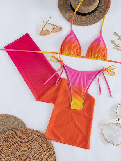 Women's Sexy Halter Lace-Up Ombre Bikini Set With Sheer Mesh Skirt, High Stretch 3-Piece Swimwear For A Gorgeous Mermaid Look Vacation Pink, Beach