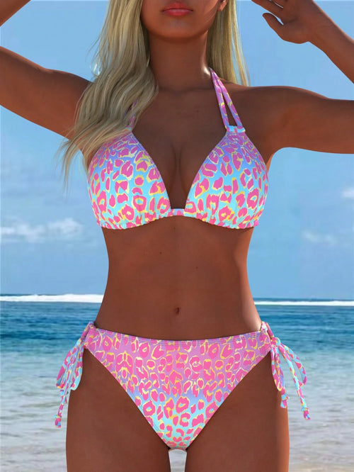 Women's Sexy Halter Leopard Print Bikini Set Casual Beach Swimwear With Tie Side Bottoms New Arrival Festival Summer Holiday Outfits Random Stamping, Vacationcore