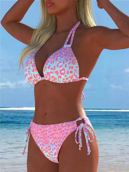 Women's Sexy Halter Leopard Print Bikini Set Casual Beach Swimwear With Tie Side Bottoms New Arrival Festival Summer Holiday Outfits Random Stamping, Vacationcore