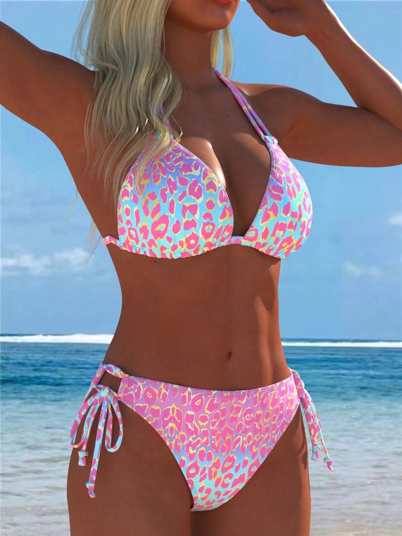 Women's Sexy Halter Leopard Print Bikini Set Casual Beach Swimwear With Tie Side Bottoms New Arrival Festival Summer Holiday Outfits Random Stamping, Vacationcore