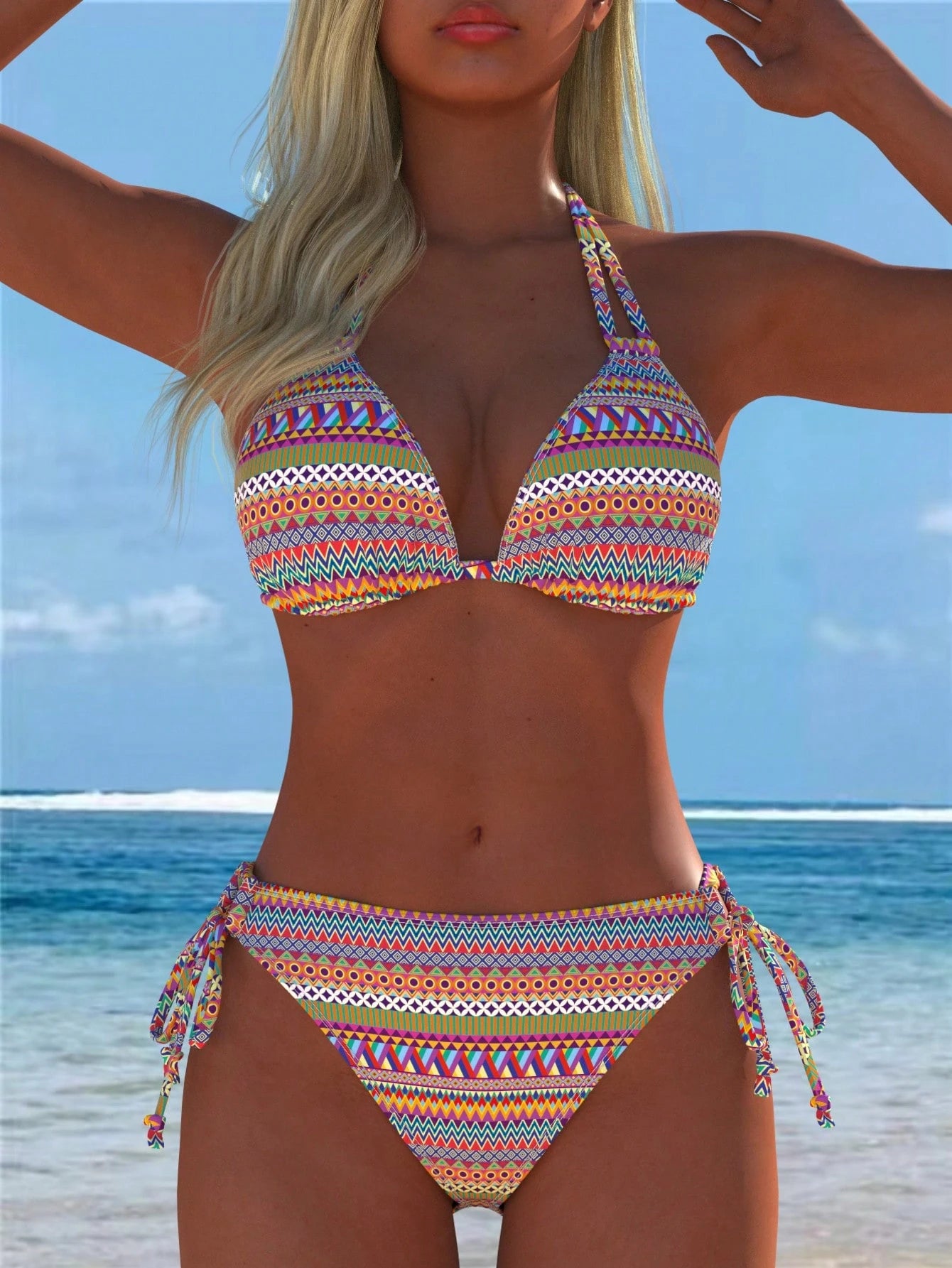 Women's Sexy Halter Neck Bikini Set, Bohemian Print Fabric Beach Swimsuit, New Holiday Summer Vacation Travel Knit Swimwear