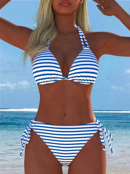 Women's Sexy Halter Neck Striped Bikini Set, Side Tie Design, Casual Beach Swimwear, New Holiday Summer Vacation Travel Outfit, Resort Wear